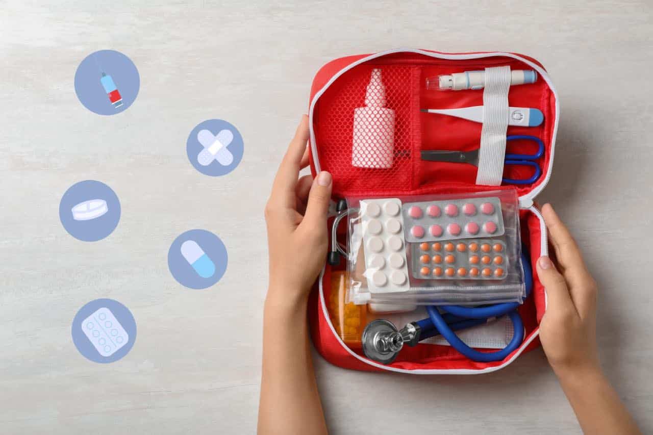 Travel medical kit including essential medication and medical instruments.