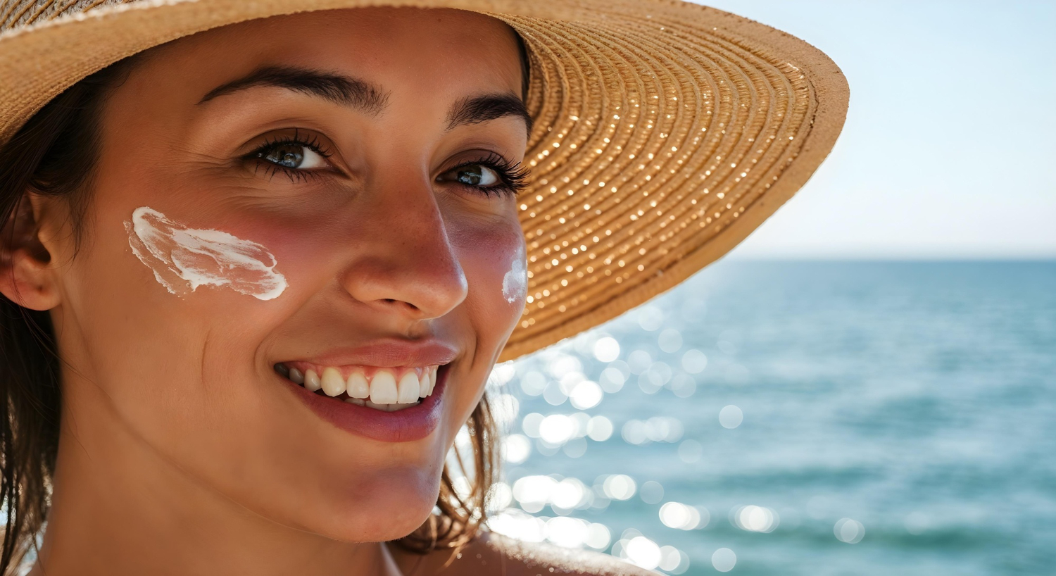 woman at beach with hat and sunscreen on face