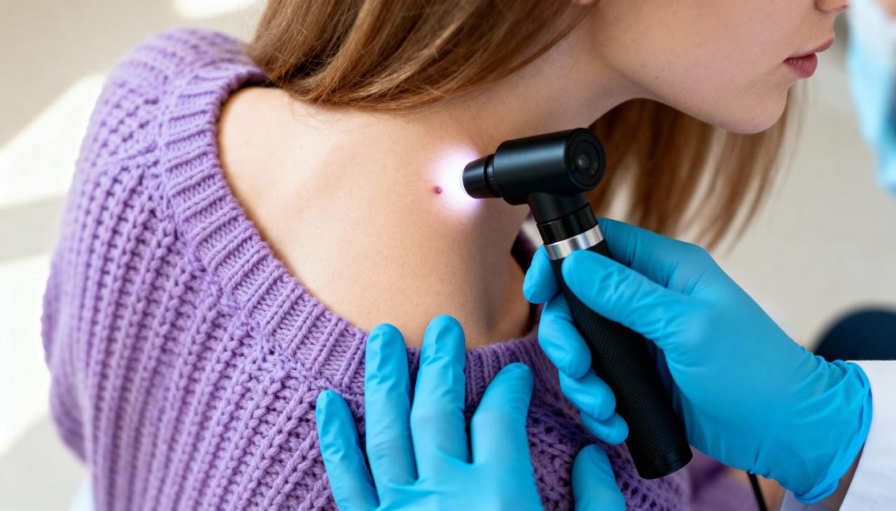 Young woman undergo skin cancer check after solarium