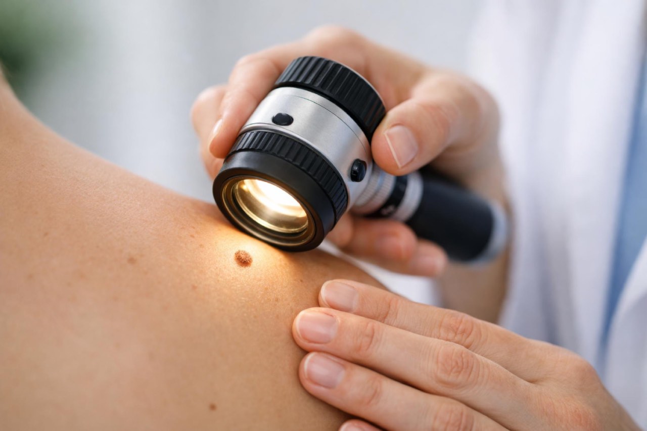 Skin cancer check on mole using dermatoscope.