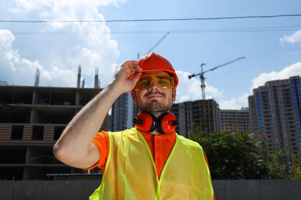 Young outdoor worker wearing safety hat and protective glasses in higher risks of skin cancer due to sun exposure.