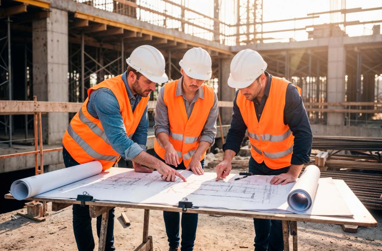 Construction workers at a construction site working in the sun increases skin cancer risks.